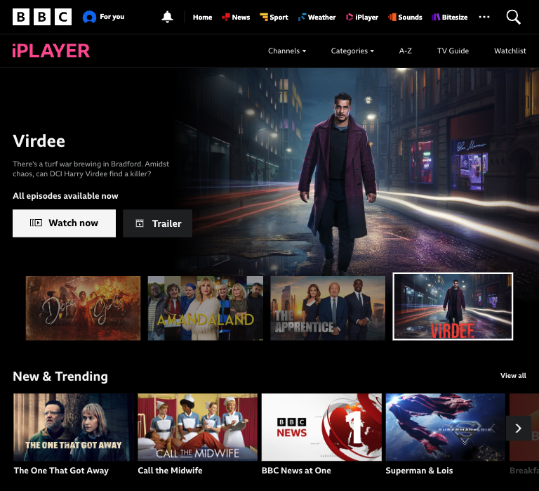 BBC iPlayer main user screen desktop