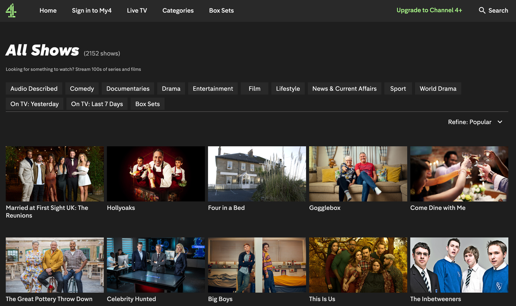 Channel 4 site TV shows categories page