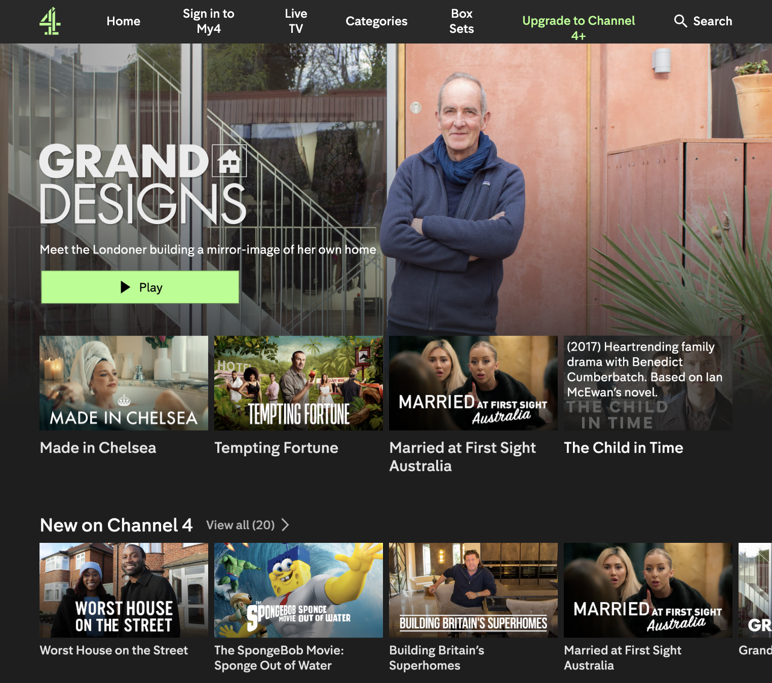 Channel 4 main user screen on desktop